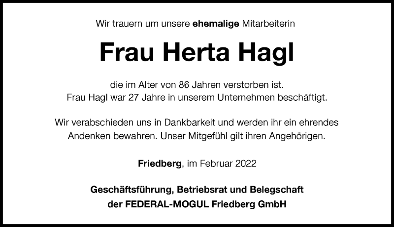  Traueranzeige für Herta Hagl vom 23.02.2022 aus Friedberger Allgemeine