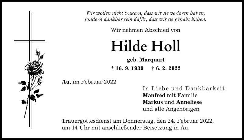 Traueranzeige für Hilde Holl vom 16.02.2022 aus Illertisser Zeitung