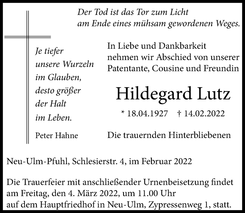 Traueranzeige von Hildegard Lutz von Augsburger Allgemeine, Neu-Ulmer Zeitung