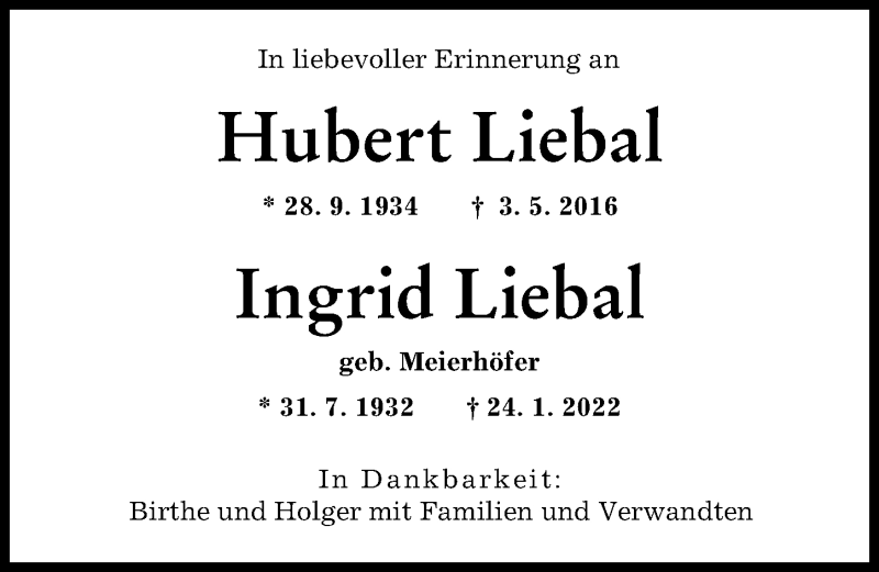 Traueranzeige von Hubert und Ingrid Liebal von Augsburger Allgemeine