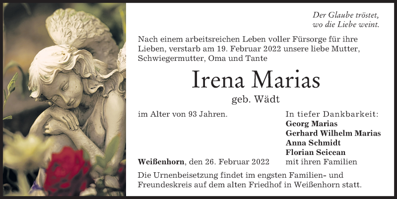 Traueranzeige von Irena Marias von Neu-Ulmer Zeitung