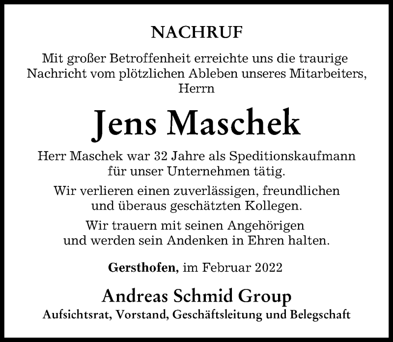 Traueranzeige von Jens Maschek von Augsburg-Land