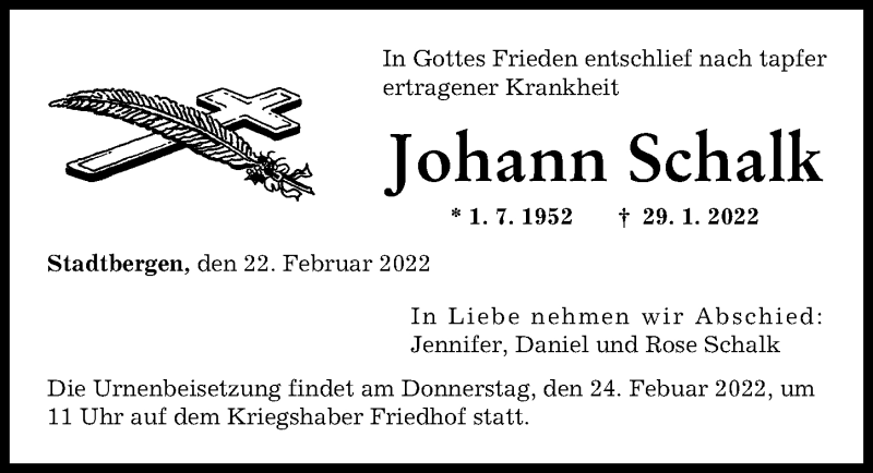 Traueranzeige von Johann Schalk von Augsburger Allgemeine