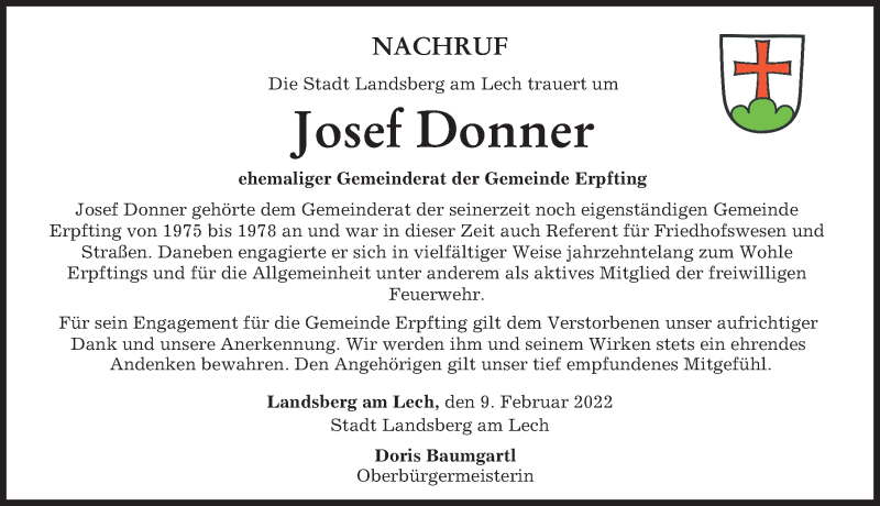 Traueranzeige von Josef Donner von Landsberger Tagblatt