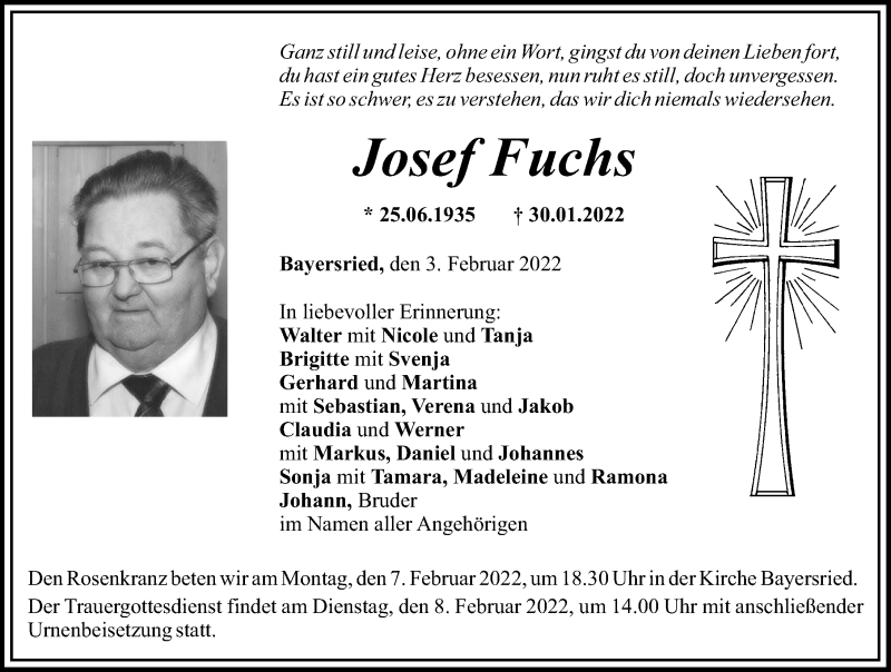 Traueranzeige von Josef Fuchs von Mittelschwäbische Nachrichten