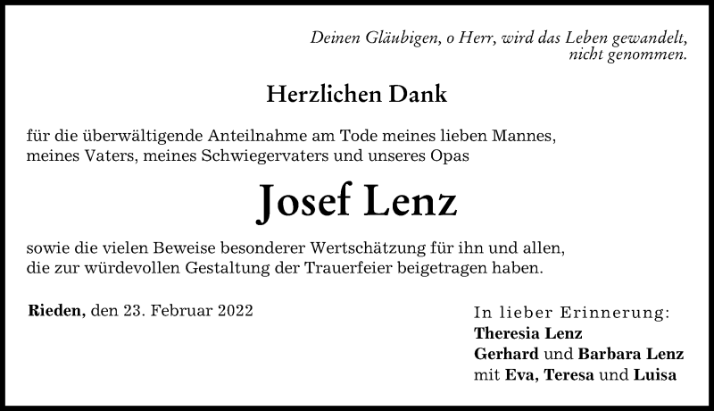  Traueranzeige für Josef Lenz vom 23.02.2022 aus Friedberger Allgemeine