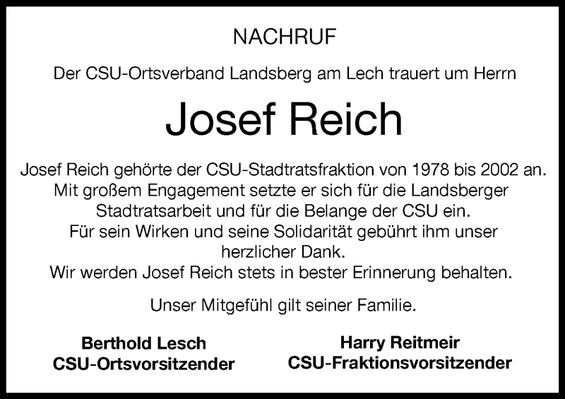 Traueranzeige von Josef Reich von Landsberger Tagblatt