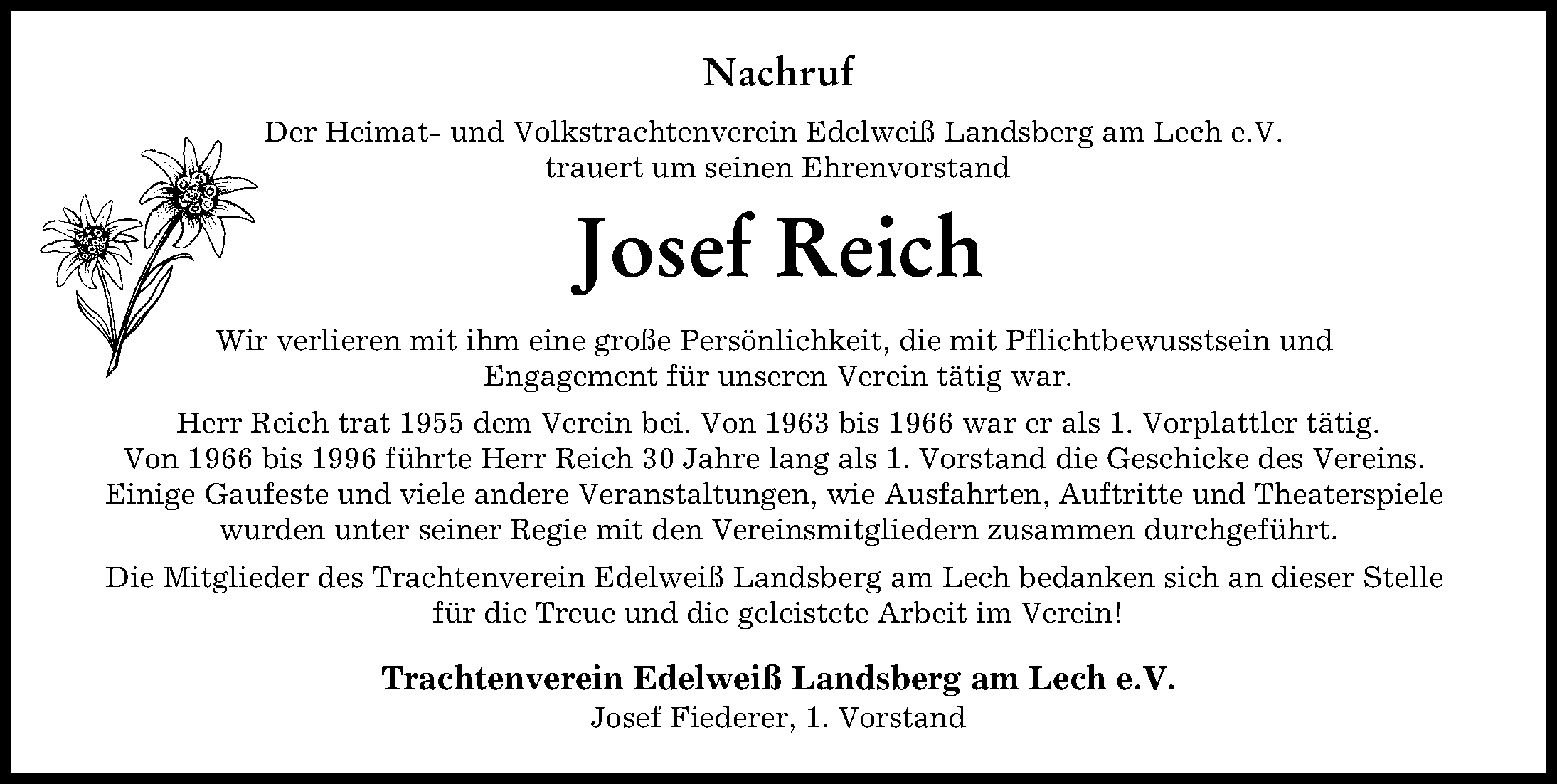 Traueranzeige von Josef Reich von Landsberger Tagblatt