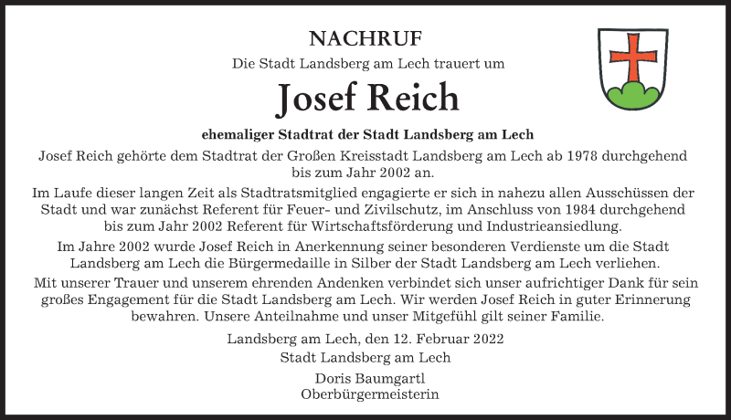 Traueranzeige von Josef Reich von Landsberger Tagblatt