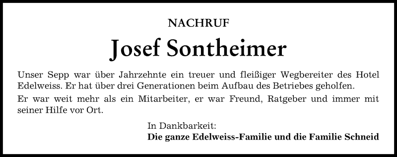 Traueranzeige von Josef Sontheimer von Mindelheimer Zeitung