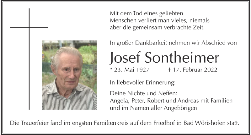 Traueranzeige von Josef Sontheimer von Mindelheimer Zeitung
