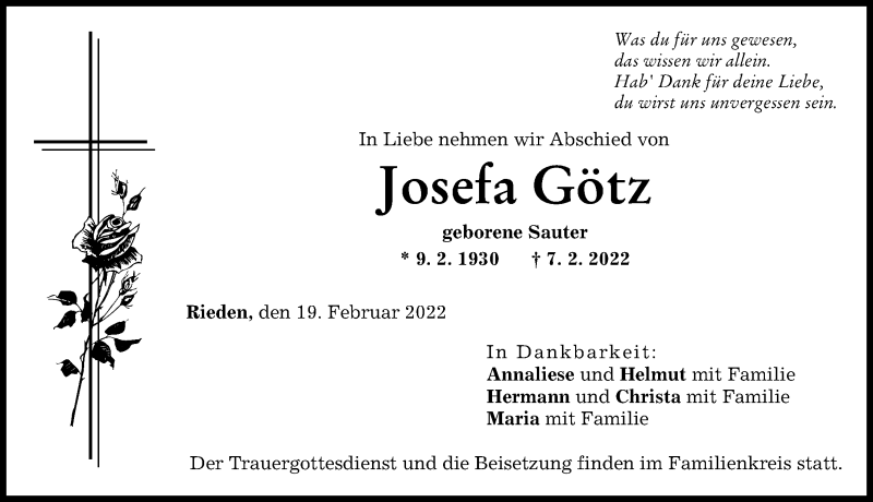 Traueranzeige von Josefa Götz von Günzburger Zeitung