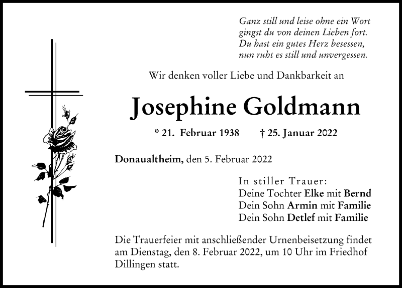  Traueranzeige für Josephine Goldmann vom 05.02.2022 aus Donau Zeitung