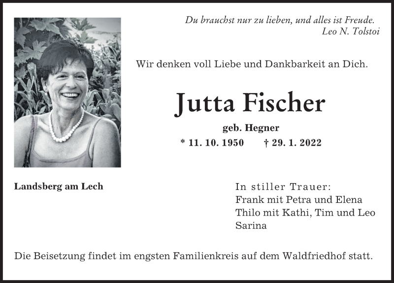 Traueranzeige von Jutta Fischer von Landsberger Tagblatt