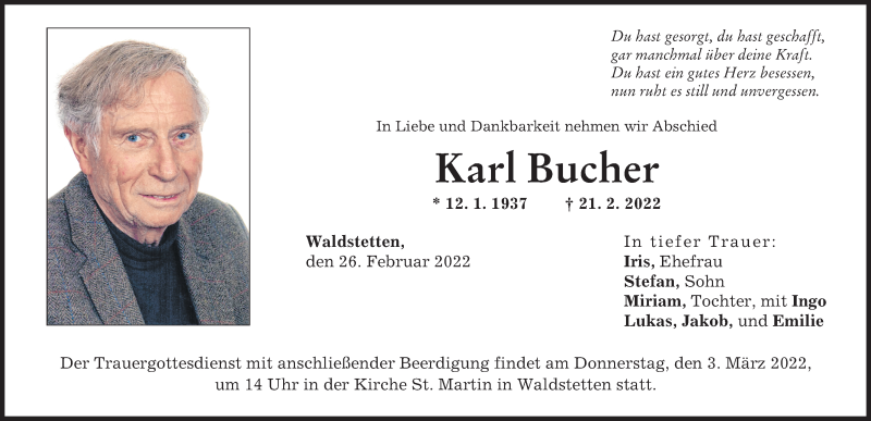 Traueranzeige von Karl Bucher von Mittelschwäbische Nachrichten, Günzburger Zeitung
