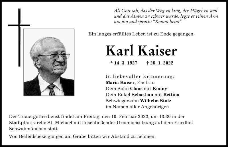 Traueranzeige von Karl Kaiser von Schwabmünchner Allgemeine