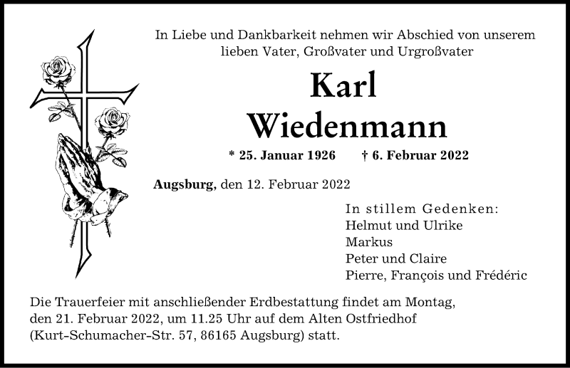 Traueranzeige von Karl Wiedenmann von Augsburger Allgemeine