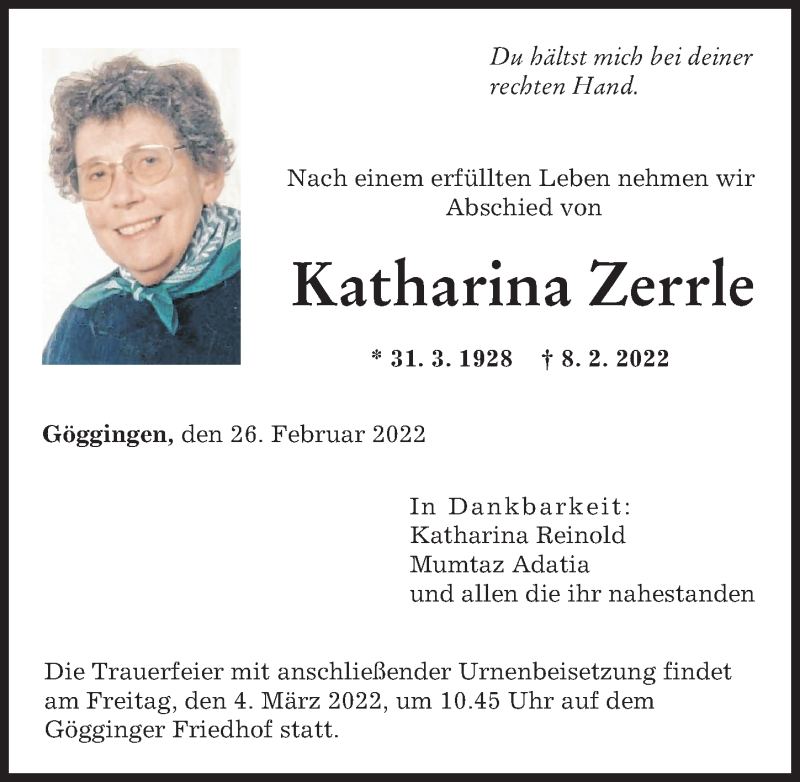 Traueranzeige von Katharina Zerrle von Augsburger Allgemeine