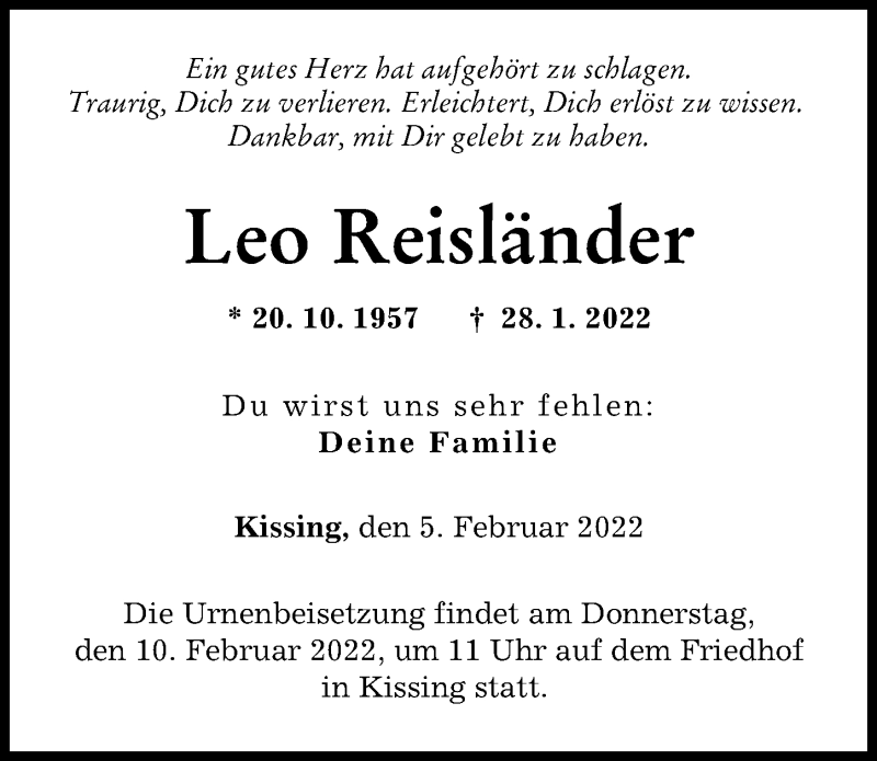  Traueranzeige für Leo Reisländer vom 05.02.2022 aus Friedberger Allgemeine