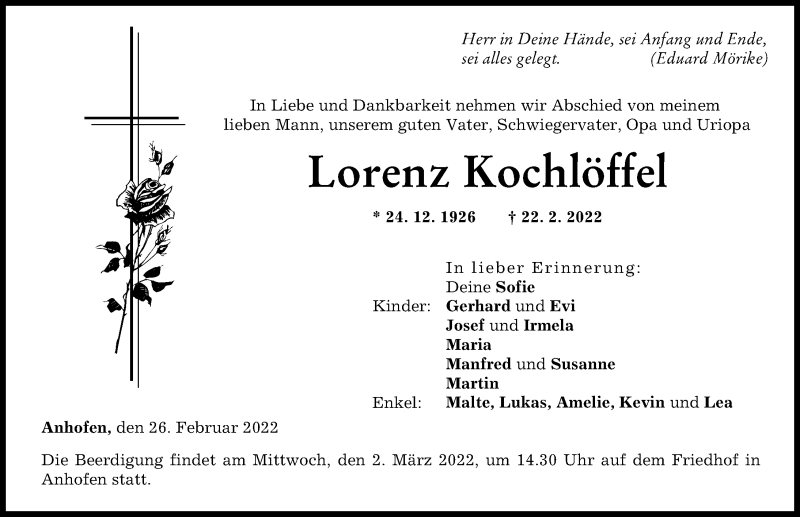 Traueranzeige von Lorenz Kochlöffel von Günzburger Zeitung, Neu-Ulmer Zeitung