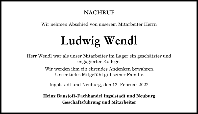 Traueranzeige von Ludwig Wendl von Neuburger Rundschau