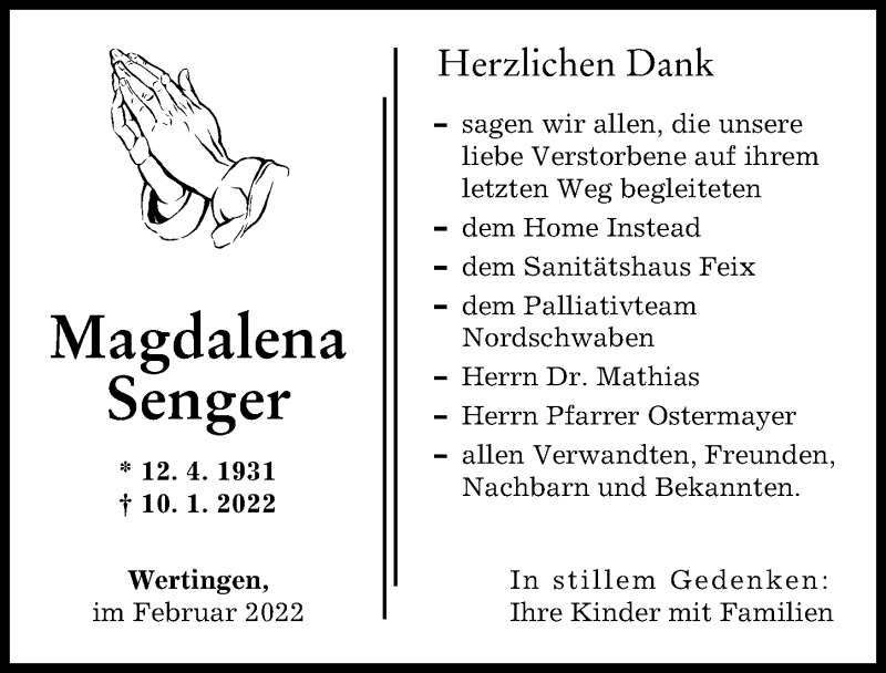 Traueranzeige von Magdalena Senger von Wertinger Zeitung