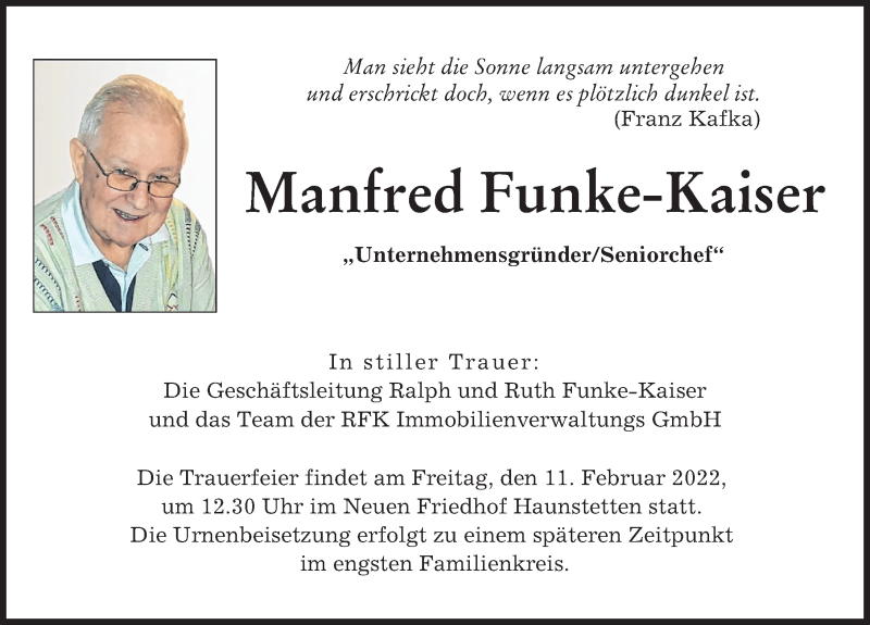 Traueranzeige von Manfred FunkeKaiser von Augsburger Allgemeine