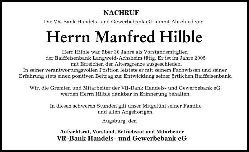  Traueranzeige für Manfred Hilble vom 18.02.2022 aus Augsburger Allgemeine