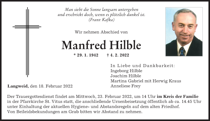  Traueranzeige für Manfred Hilble vom 18.02.2022 aus Augsburger Allgemeine