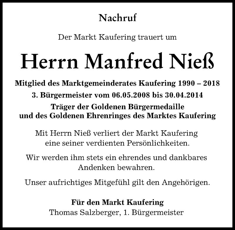 Traueranzeige von Manfred Nieß von Landsberger Tagblatt