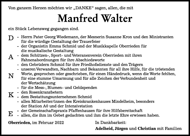 Traueranzeige von Manfred Walter von Mindelheimer Zeitung