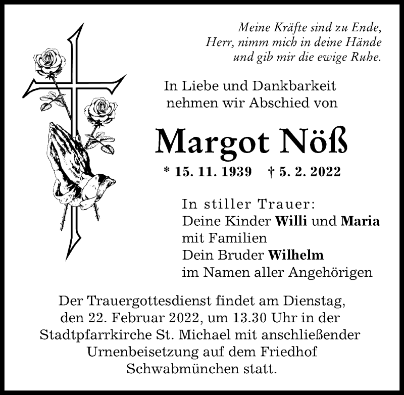 Traueranzeige von Margot Nöß von Schwabmünchner Allgemeine