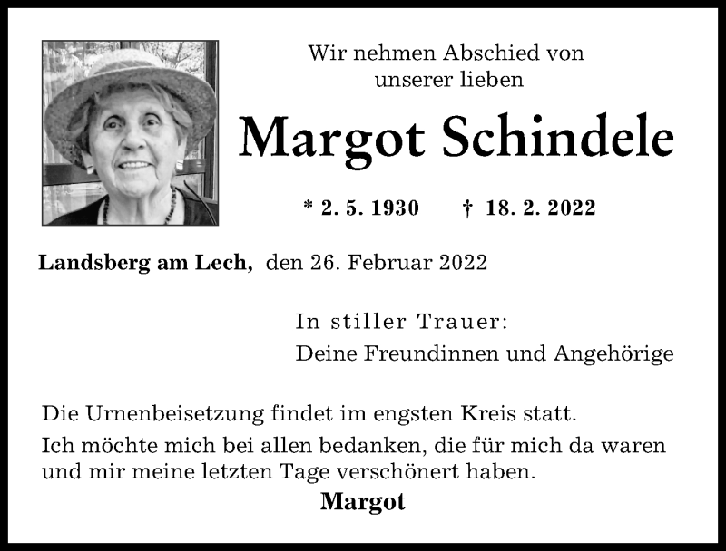 Traueranzeige von Margot Schindele von Landsberger Tagblatt