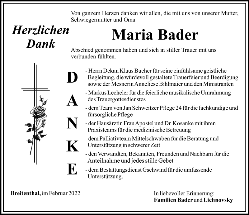 Traueranzeige von Maria Bader von Mittelschwäbische Nachrichten