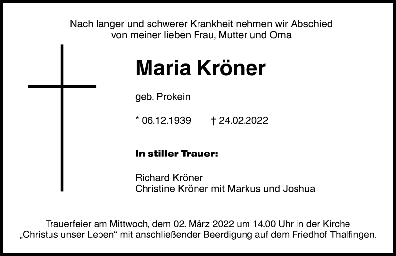 Traueranzeige von Maria Kröner von Augsburger Allgemeine, Neu-Ulmer Zeitung