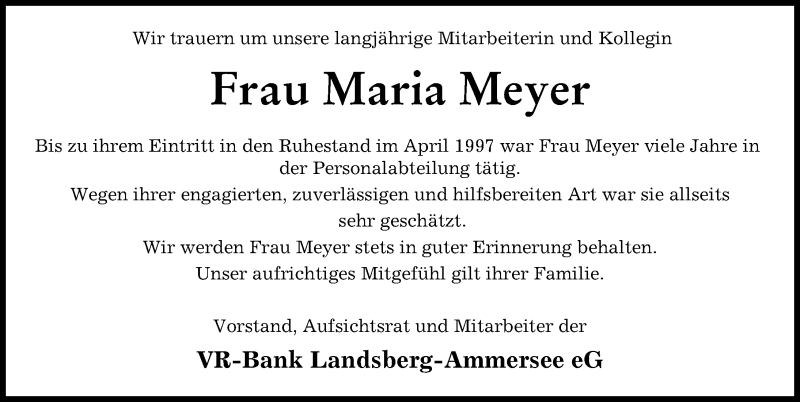  Traueranzeige für Maria Meyer vom 24.02.2022 aus Landsberger Tagblatt