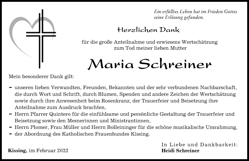 Traueranzeige von Maria Schreiner von Friedberger Allgemeine