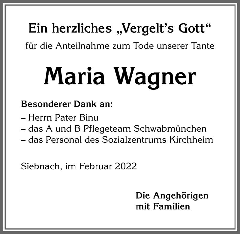 Traueranzeige von Maria Wagner von Mindelheimer Zeitung