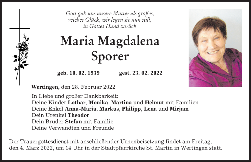 Traueranzeige von Maria Magdalena Sporer von Wertinger Zeitung