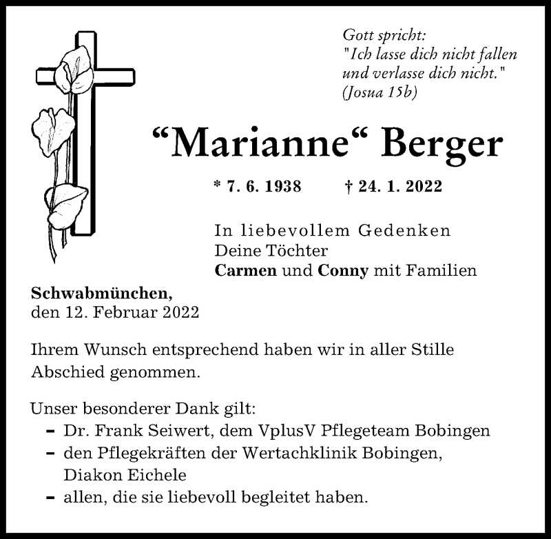 Traueranzeige von Marianne Berger von Schwabmünchner Allgemeine