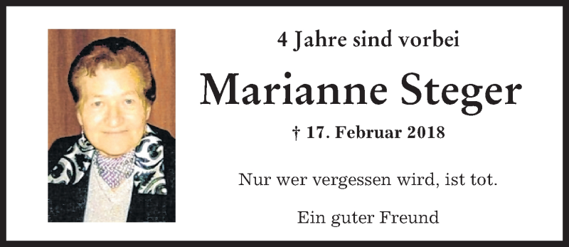 Traueranzeige von Marianne Steger von Augsburger Allgemeine