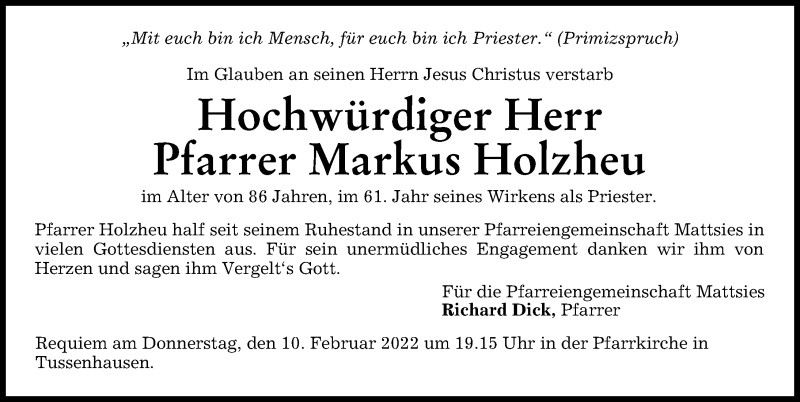 Traueranzeige von Markus Holzheu von Mindelheimer Zeitung