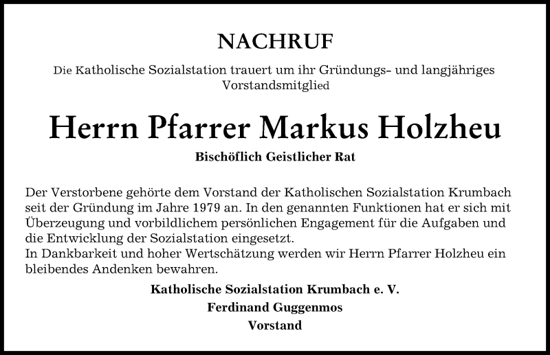 Traueranzeige von Markus Holzheu von Mittelschwäbische Nachrichten