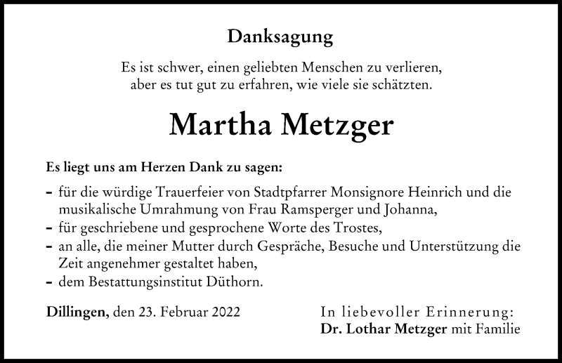 Traueranzeige von Martha Metzger von Donau Zeitung