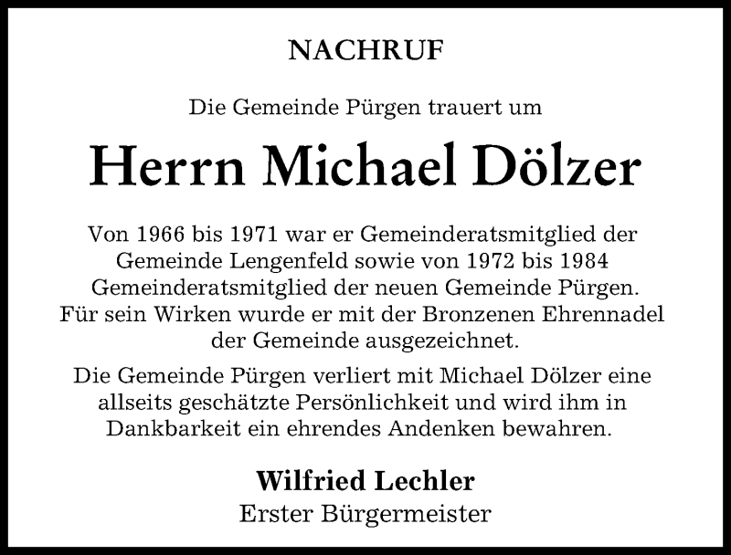 Traueranzeige von Michael Dölzer von Landsberger Tagblatt