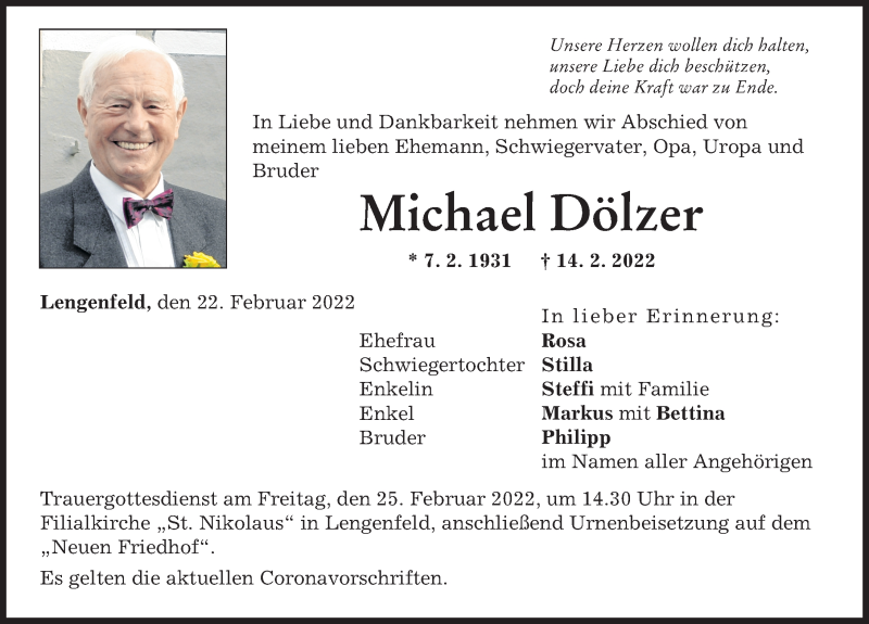  Traueranzeige für Michael Dölzer vom 22.02.2022 aus Landsberger Tagblatt