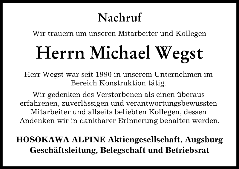 Traueranzeige von Michael Wegst von Augsburger Allgemeine