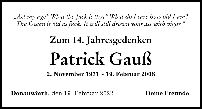  Traueranzeige für Patrick Gauß vom 19.02.2022 aus Donauwörther Zeitung