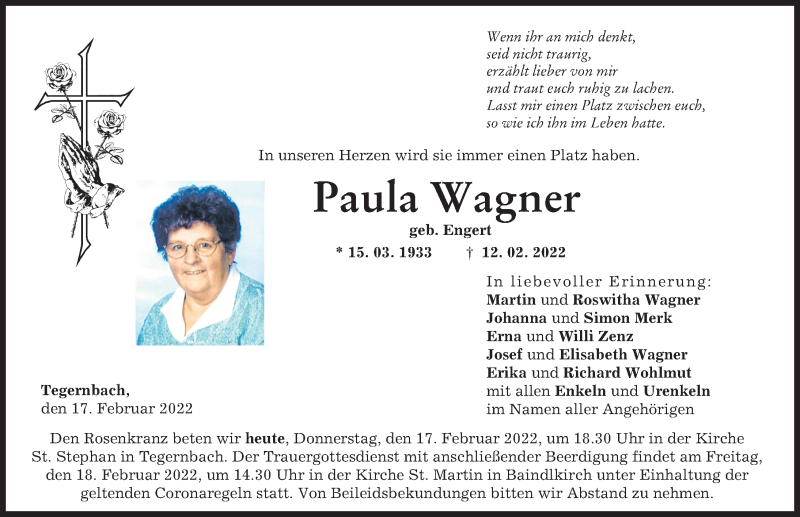 Traueranzeige von Paula Wagner von Friedberger Allgemeine