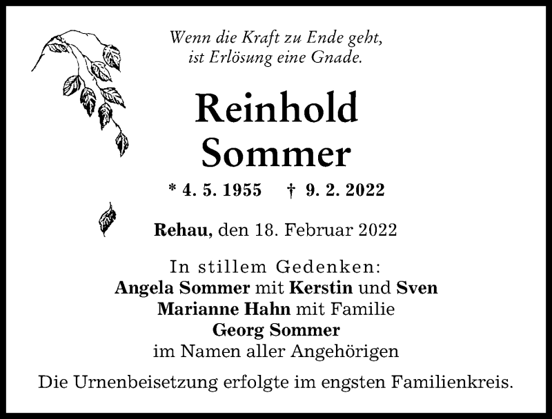  Traueranzeige für Reinhold Sommer vom 18.02.2022 aus Donauwörther Zeitung